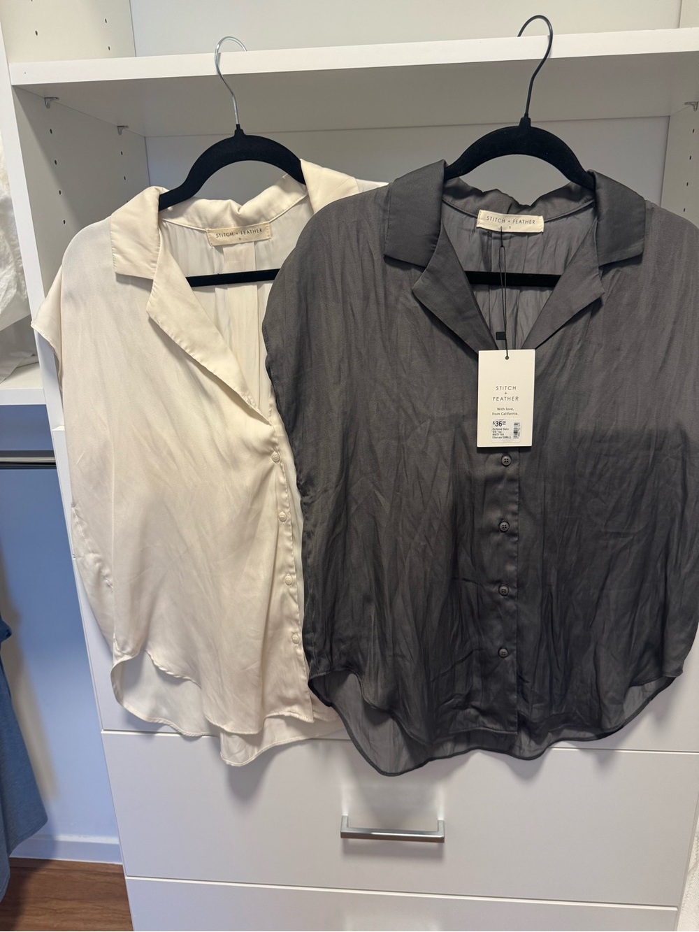 Two New Button-Front Blouses in Black and Cream by Stitch & Feather Both Size S